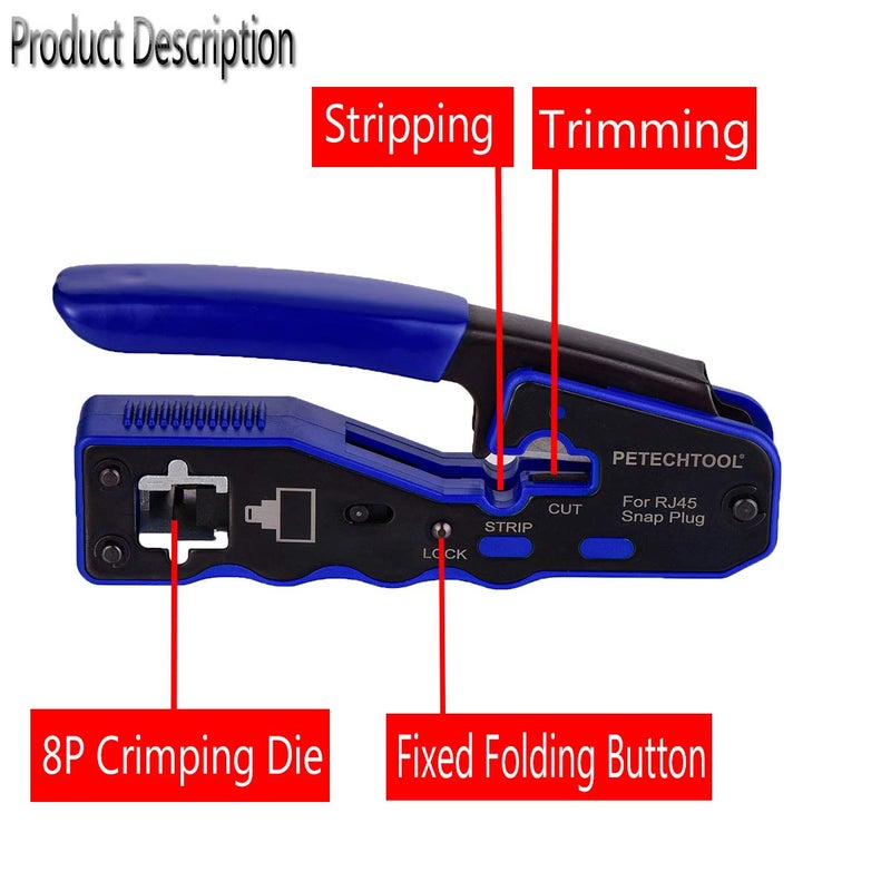 PETECHTOOL RJ45 Crimp Tool Kit Ethernet Crimping Tool Wire Crimper Stripper Cutter for Cat5e Cat6 Cat6a Pass Thrugh Connectors with 10 pieces Cat6 Connectors and 1 piece mini wire stripper - Image 2